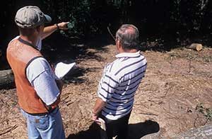 Two men looking at woods