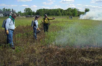 Three people burning a field