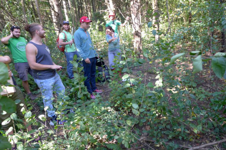 Group standing in front of patch of buckthorn